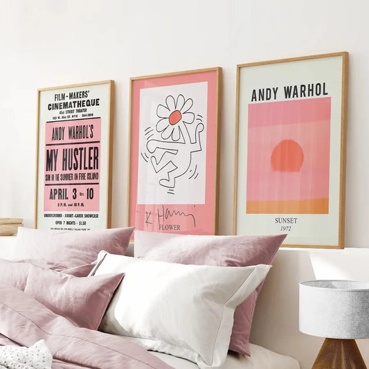 Colorful pop art wall art set of 3 bright pink prints