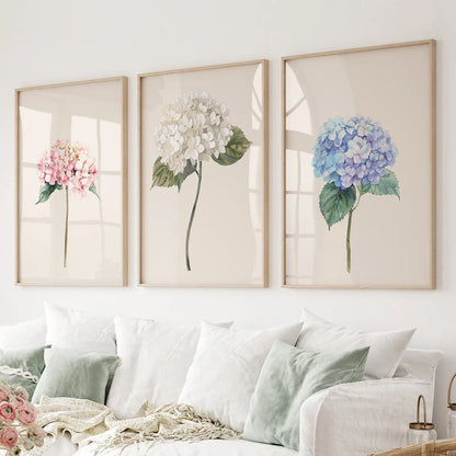 Watercolor hydrangea botanical wall art set of 3 in pink, white, and blue on beige