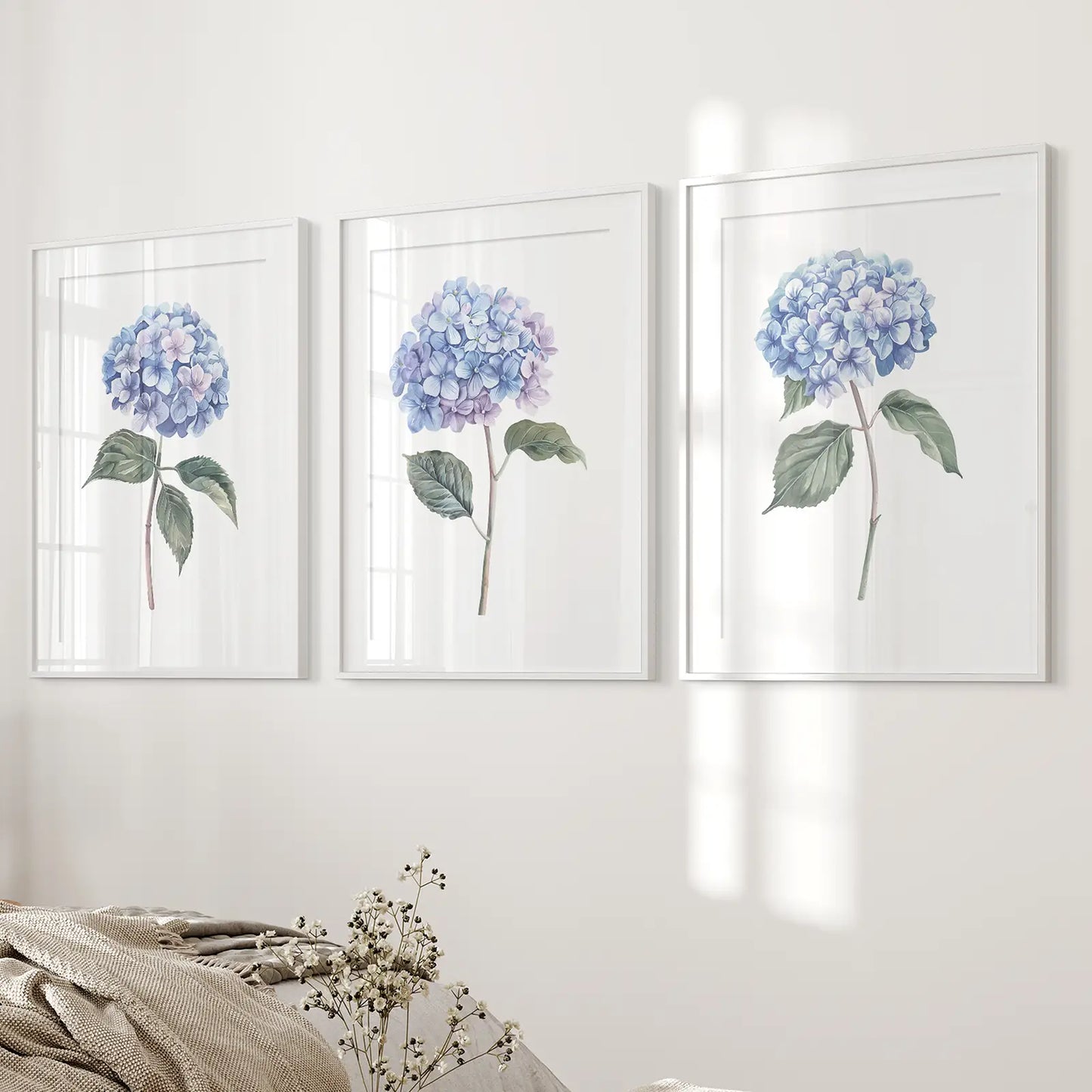 Light Blue Hydrangea Wall Art Set of 3 Floral Prints
