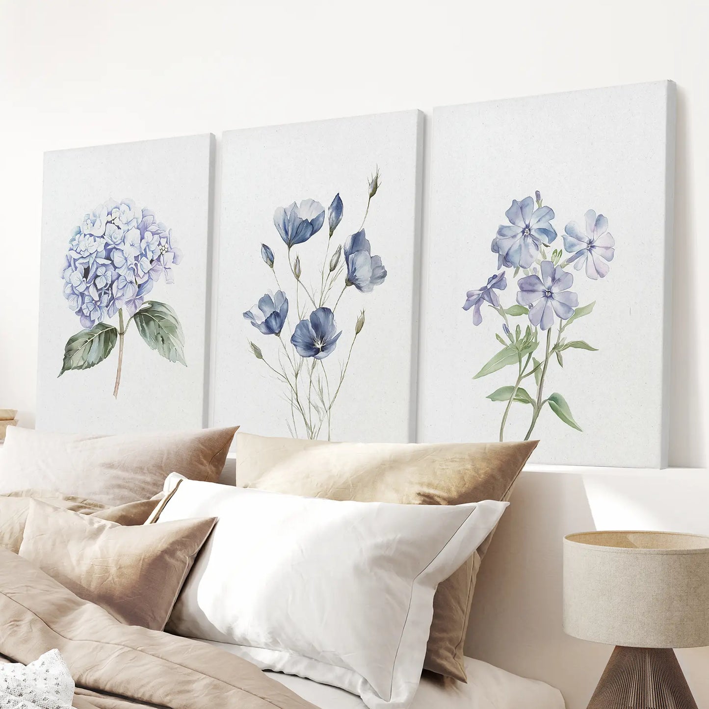 Watercolor Blue Flowers Wall Art Set of 3 Piece