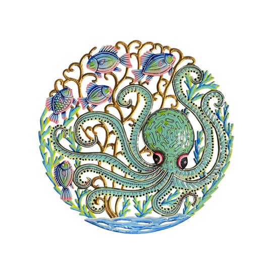 Hand-hammered Haitian steel drum octopus and fish metal wall art