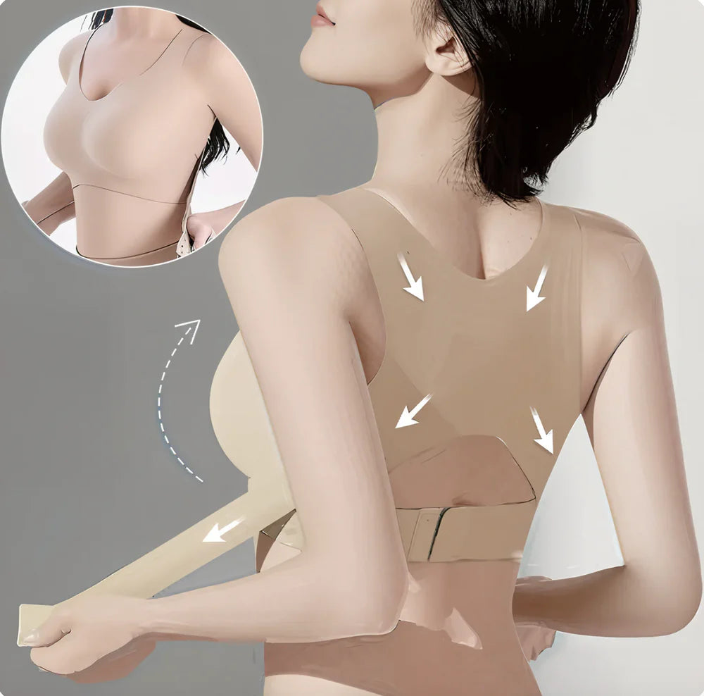 Woman wearing a beige compression garment with visible effects on her body, on a gray background.