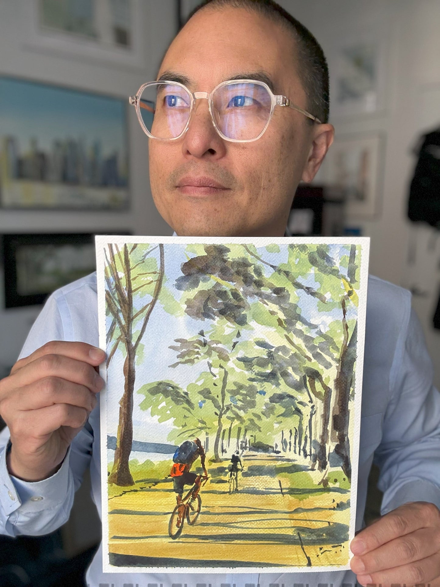 Biking the Hudson River Watercolor Art Print