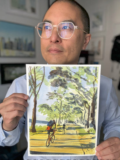 Biking the Hudson River Watercolor Art Print