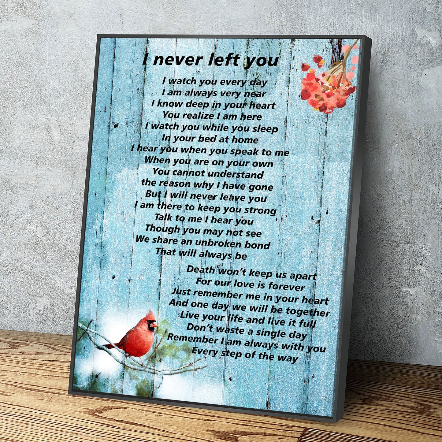 Red cardinal memorial canvas print with I Never Left You poem