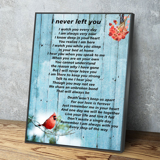 Red cardinal memorial canvas print with I Never Left You poem