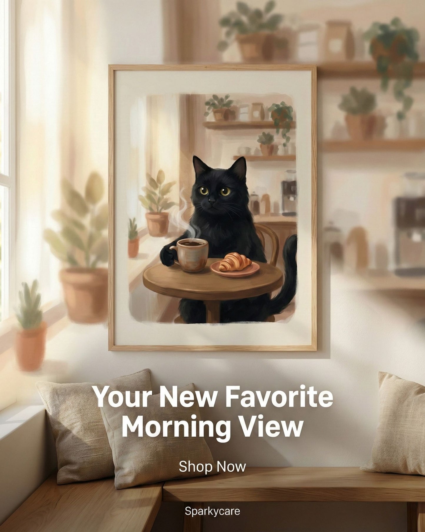 Framed artwork of a black cat at a table with a cup and croissant, in a home setting.