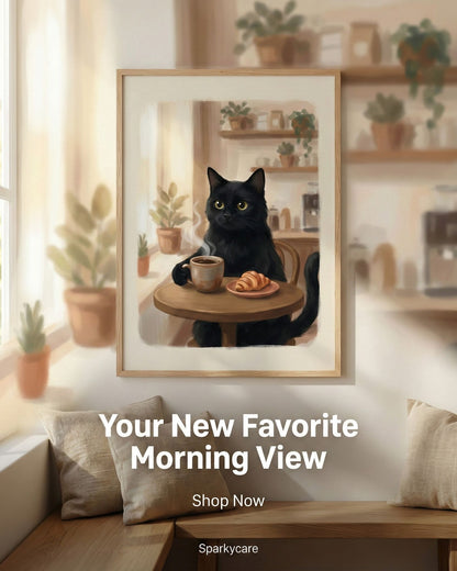 Framed artwork of a black cat at a table with a cup and croissant, in a home setting.