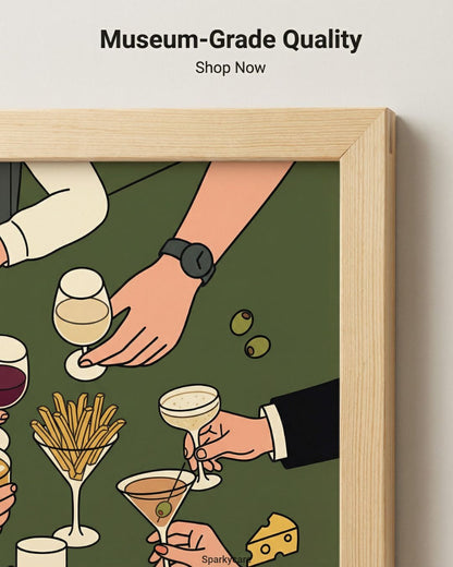 Illustration of hands with drinks and food in a wooden frame, with 'Museum-Grade Quality' text above.