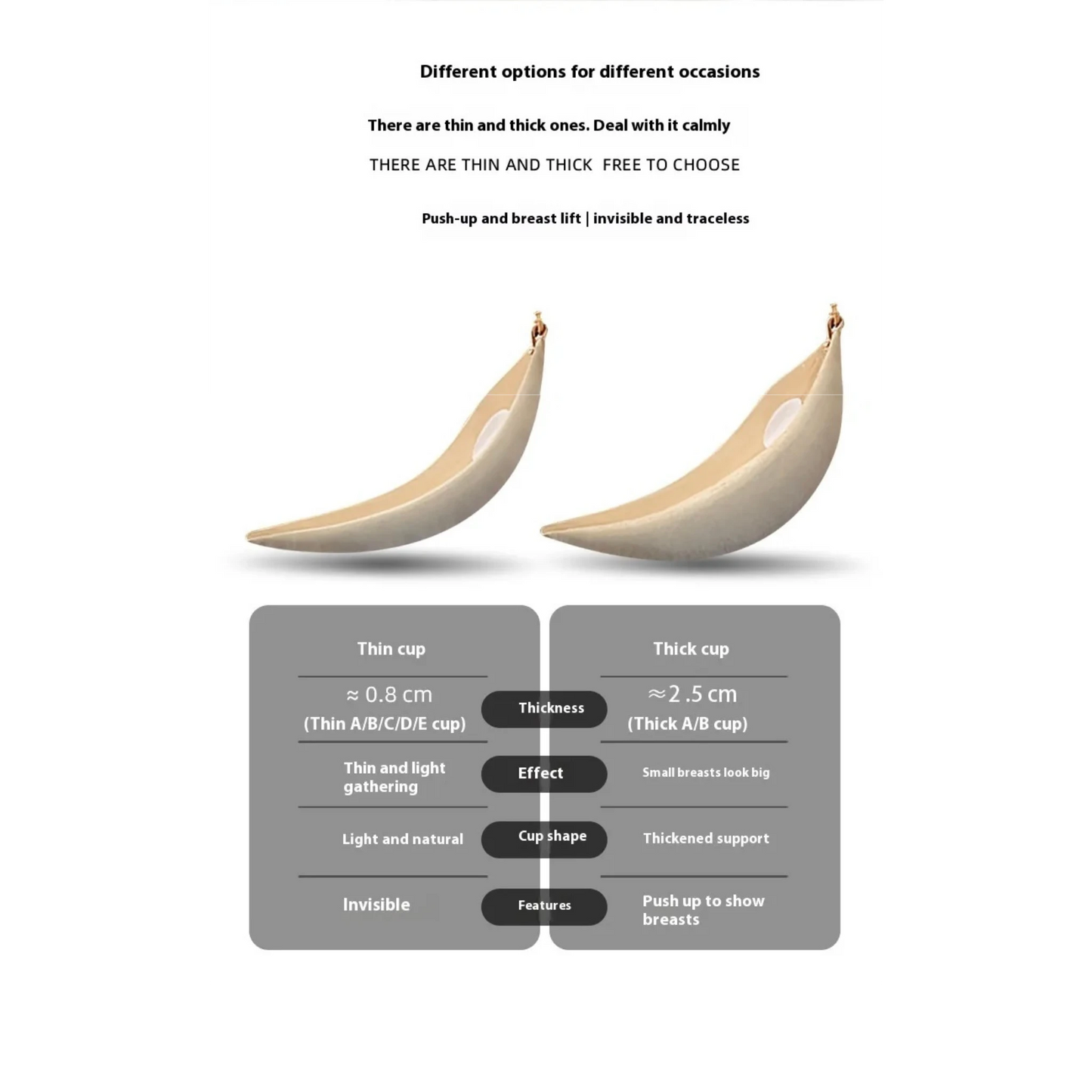 Illustration of two strapless push up bra for wedding with text explaining different cup sizes and options on a white background.