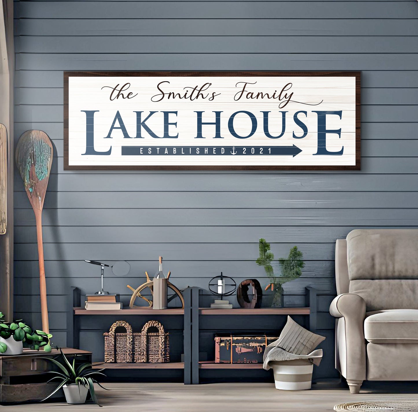 Family Lake House Arrow Canvas Sign III