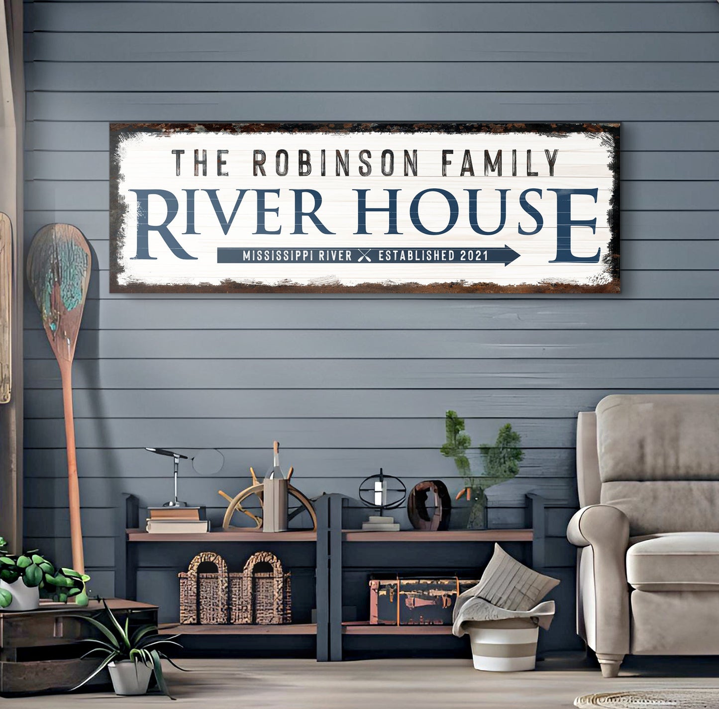 Family River House Arrow Canvas Sign