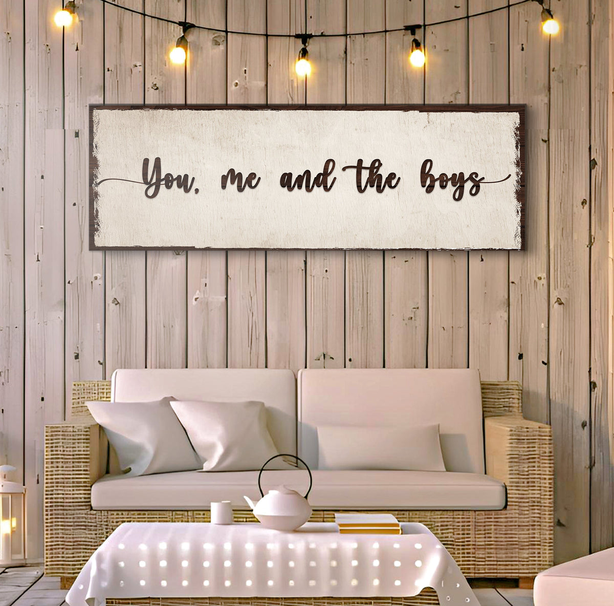 You, Me and the Boys Cream Script Sign canvas shown in a styled room setting, view 2