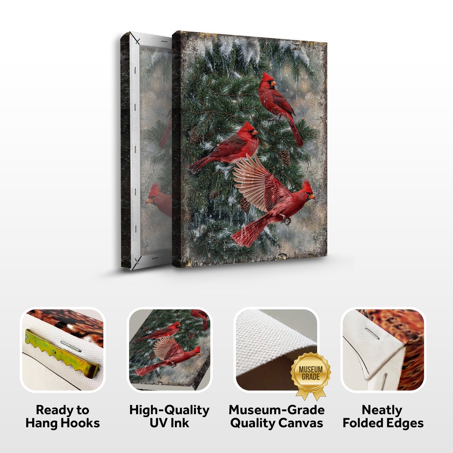 Vintage Cardinal Christmas Canvas Wall Art