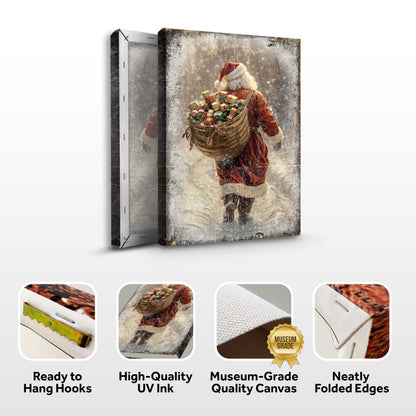 Santa with gift basket canvas front and side, with text: Ready to Hang Hooks, High-Quality UV Ink, Museum-Grade Quality Canvas, Neatly Folded Edges