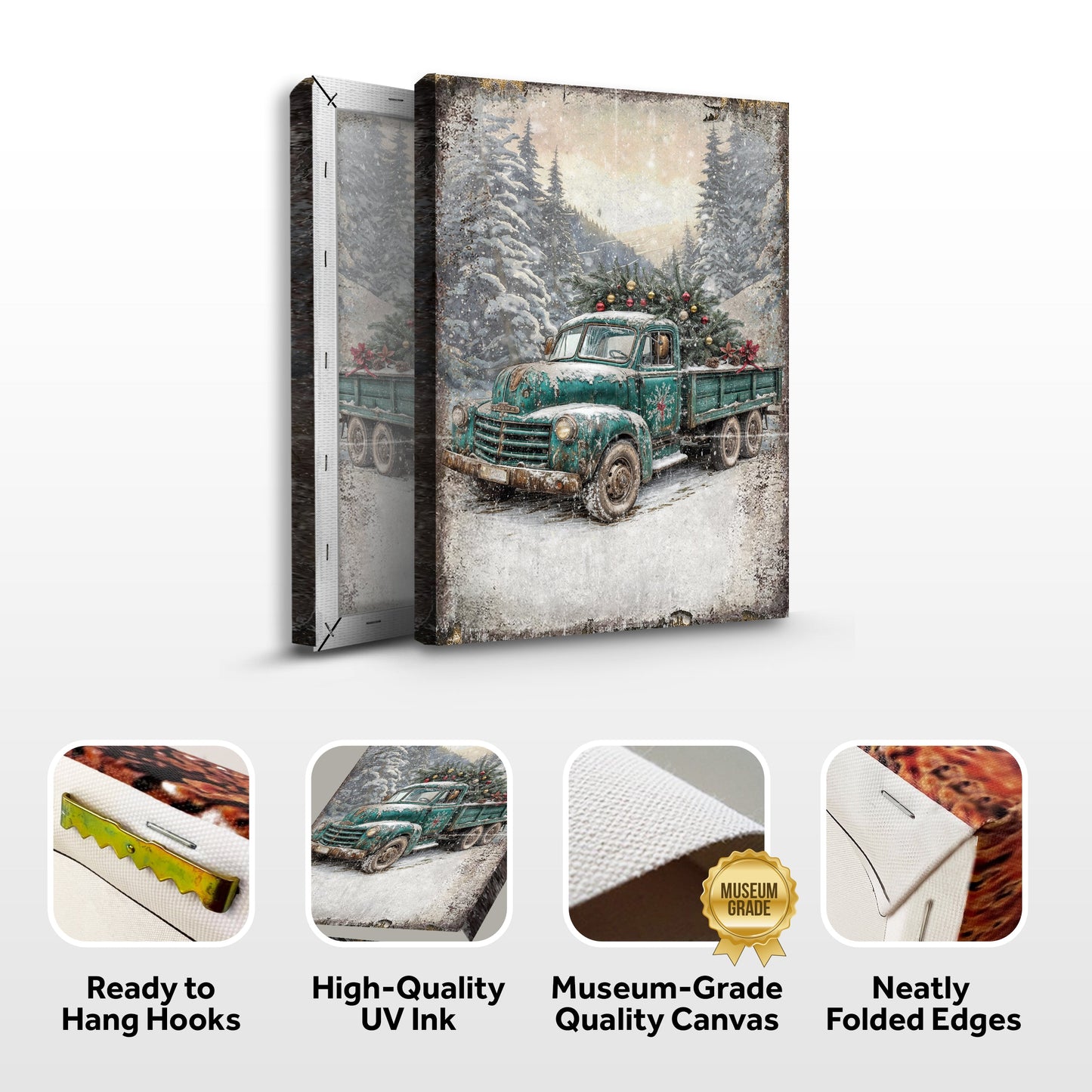 Vintage Truck With Christmas Tree Canvas Wall Art