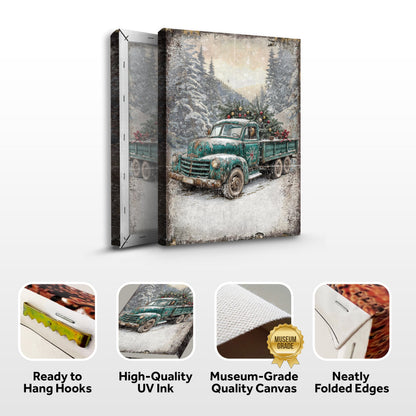 Teal truck with tree canvas front and side, with text: Ready to Hang Hooks, High-Quality UV Ink, Museum-Grade Quality Canvas, Neatly Folded Edges