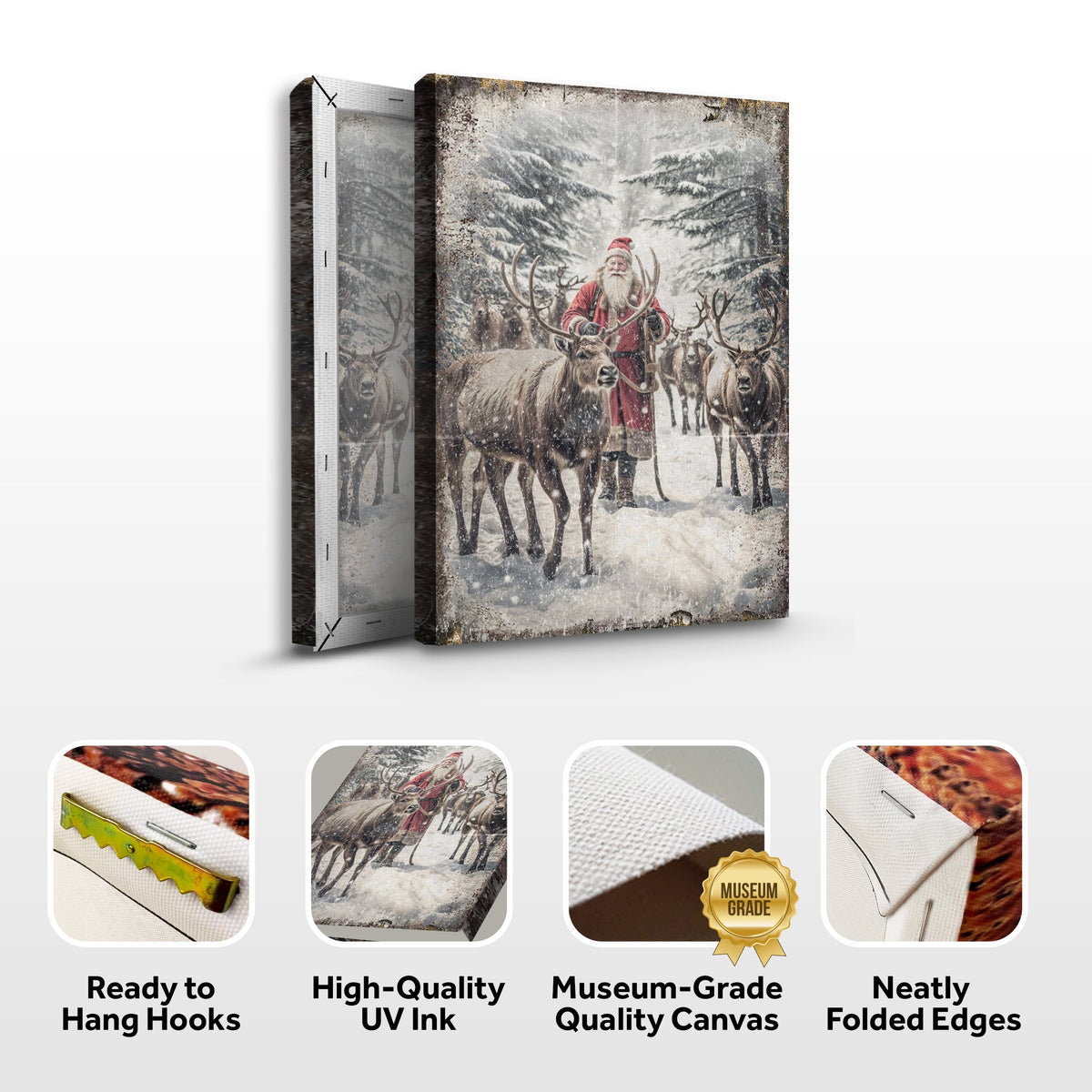 Santa with reindeer canvas front and side, with text: Ready to Hang Hooks, High-Quality UV Ink, Museum-Grade Quality Canvas, Neatly Folded Edges