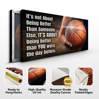 Basketball quote canvas front and side, with text: Ready to Hang Hooks, High-Quality UV Ink, Museum-Grade Quality Canvas, Neatly Folded Edges