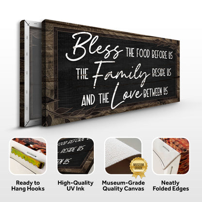Bless the food sign canvas front and side, with text: Ready to Hang Hooks, High-Quality UV Ink, Museum-Grade Quality Canvas, Neatly Folded Edges