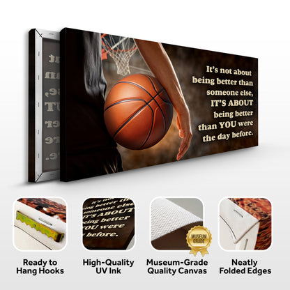 Basketball quote canvas front and side, with text: Ready to Hang Hooks, High-Quality UV Ink, Museum-Grade Quality Canvas, Neatly Folded Edges