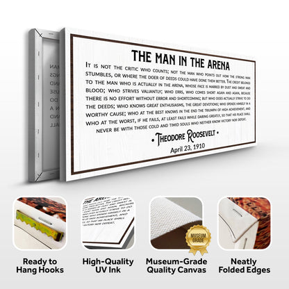 Man in the Arena sign canvas front and side, with text: Ready to Hang Hooks, High-Quality UV Ink, Museum-Grade Quality Canvas, Neatly Folded Edges