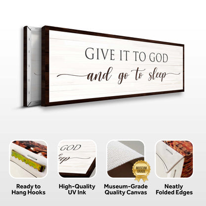 Give It to God plank-look canvas front and side, with text: Ready to Hang Hooks, High-Quality UV Ink, Museum-Grade Quality Canvas, Neatly Folded Edges