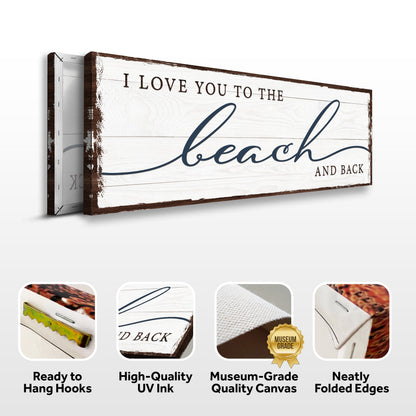 Beach and back sign canvas front and side, with text: Ready to Hang Hooks, High-Quality UV Ink, Museum-Grade Quality Canvas, Neatly Folded Edges