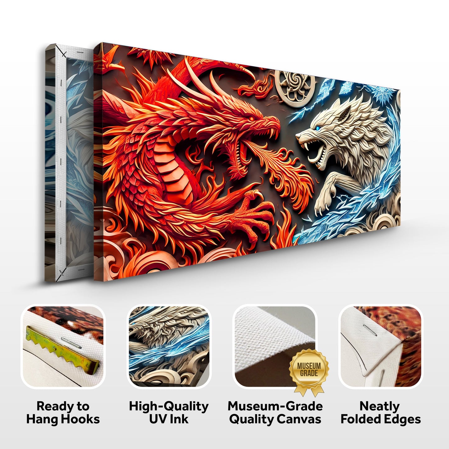 3D Dragon and Wolf Canvas Wall Art V