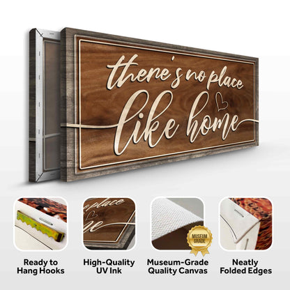 No Place Like Home sign canvas front and side, with text: Ready to Hang Hooks, High-Quality UV Ink, Museum-Grade Quality Canvas, Neatly Folded Edges
