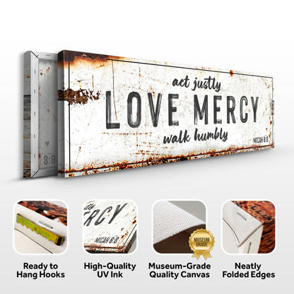 Micah 6:8 sign canvas front and side, with text: Ready to Hang Hooks, High-Quality UV Ink, Museum-Grade Quality Canvas, Neatly Folded Edges
