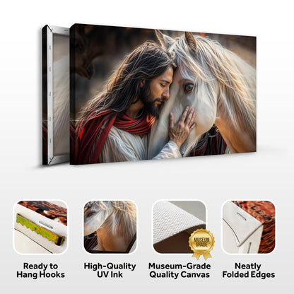 Jesus horse close-up canvas front and side, with text: Ready to Hang Hooks, High-Quality UV Ink, Museum-Grade Quality Canvas, Neatly Folded Edges