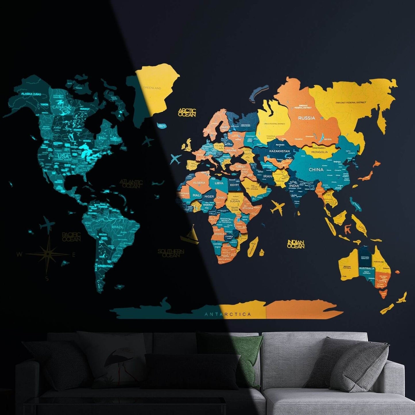3D wooden luminous world map wall art in Indie palette