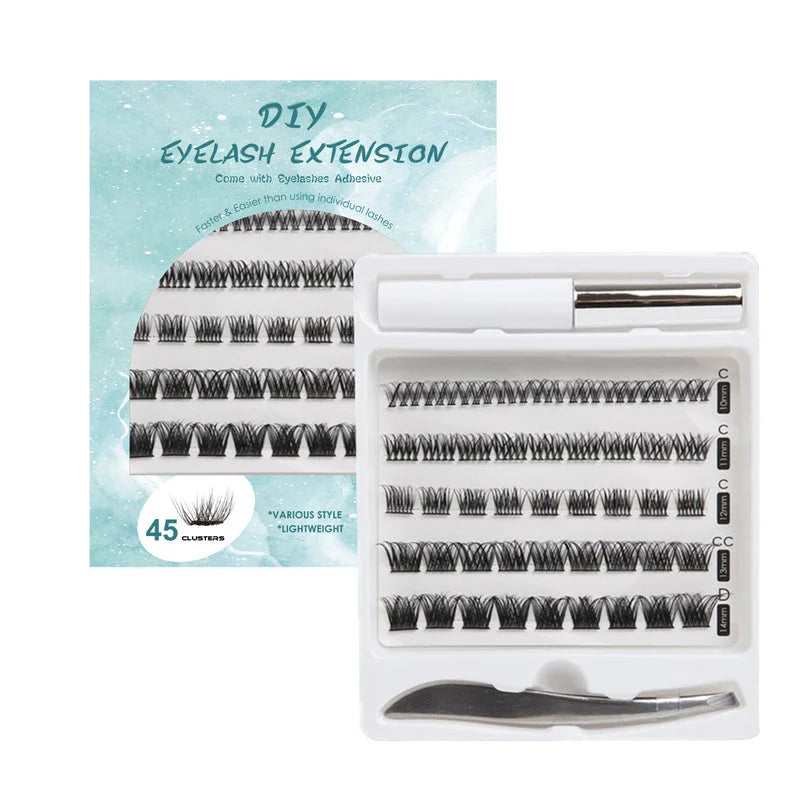 Individual segmented false eyelashes kit with 45 double headed lash clusters, tweezers and lash adhesive