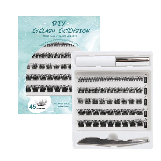 Individual segmented false eyelashes kit with 45 double headed lash clusters, tweezers and lash adhesive