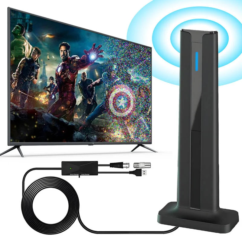 Indoor digital TV antenna connected to HDTV demonstrating clear HD signal reception and picture quality