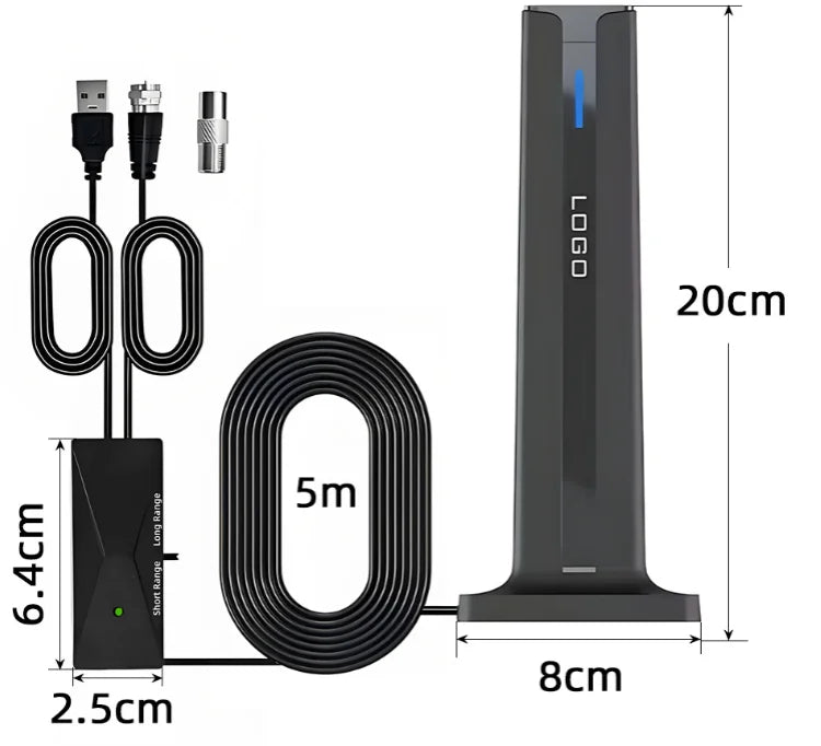 Indoor digital TV antenna dimensions - 20cm height, 8cm base, 5m cable with USB and coax connectors
