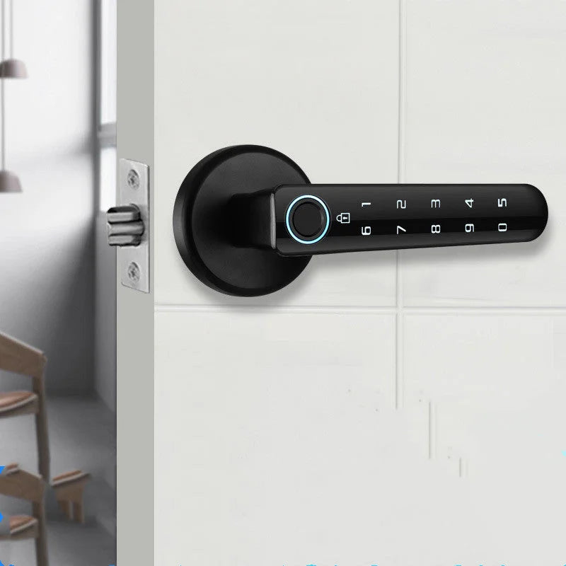 Indoor split smart door lock installed on white door with illuminated touch keypad