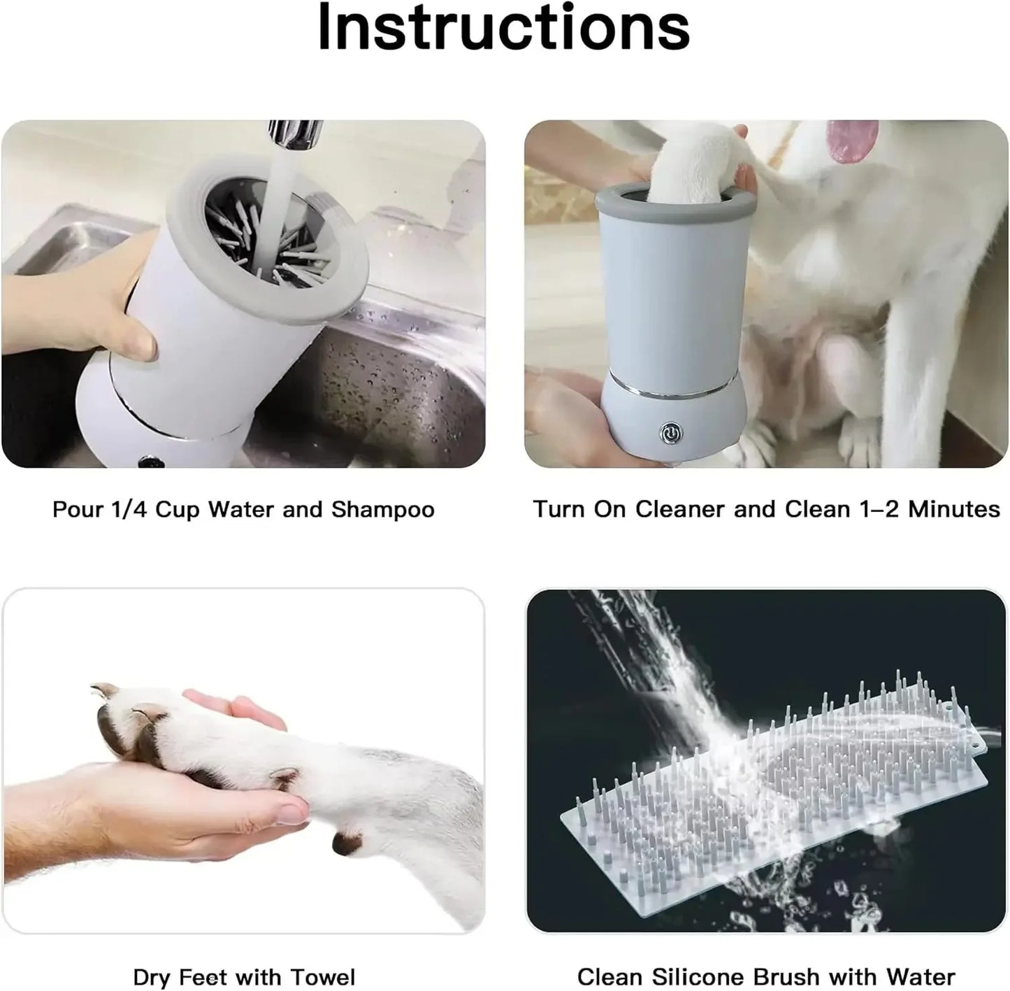 Instructions for automatic paw cleaner showing water filling and 1-2 minute cleaning process