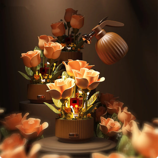 Interactive LED flower lamp with blooming rose petals and warm lighting