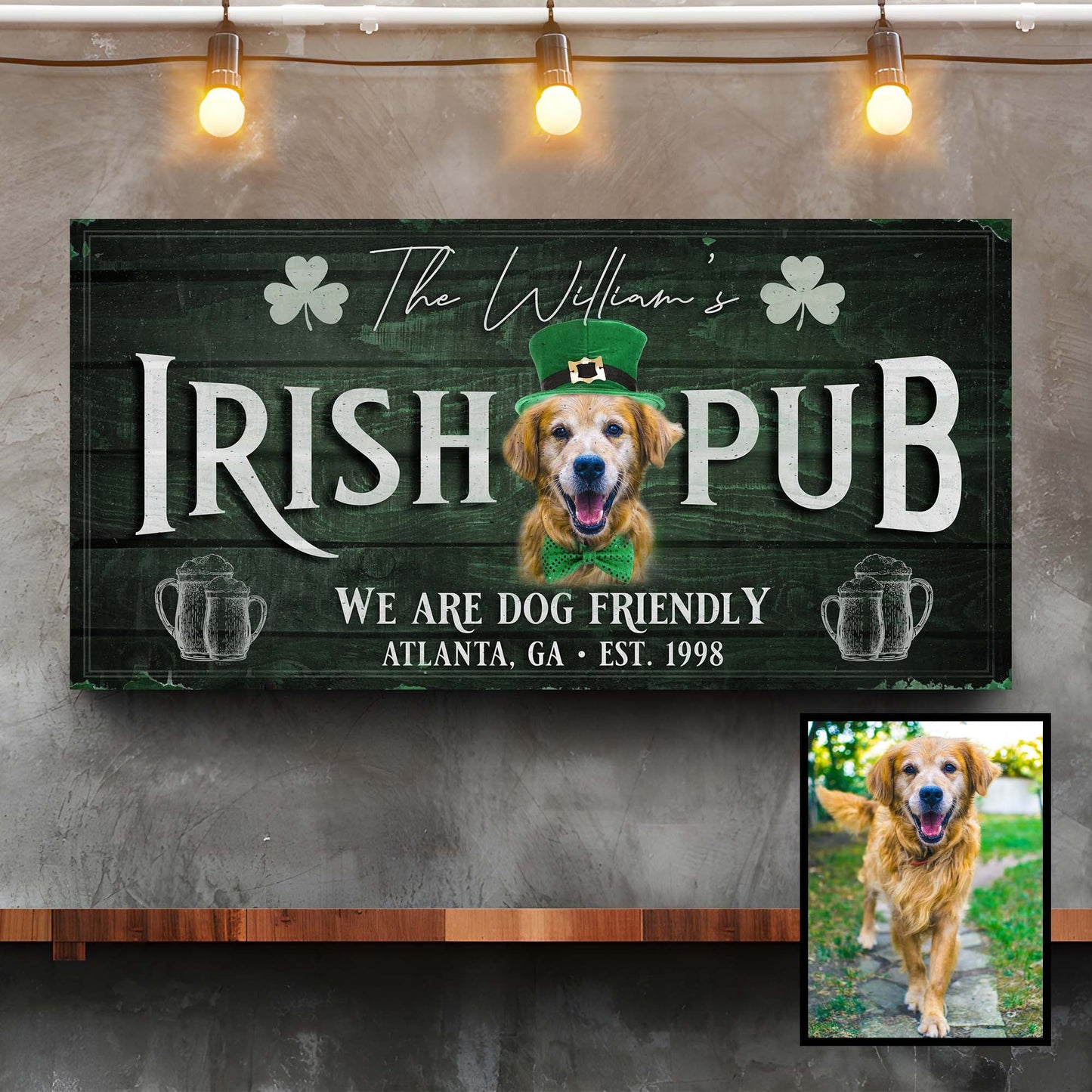 Irish Pub Dog Portrait canvas wall art featuring dog in a cozy pub setting