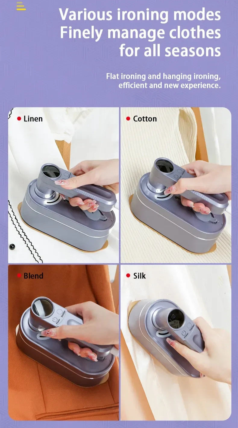 Iron with different modes for ironing linen, cotton, blend, and silk on a purple background.