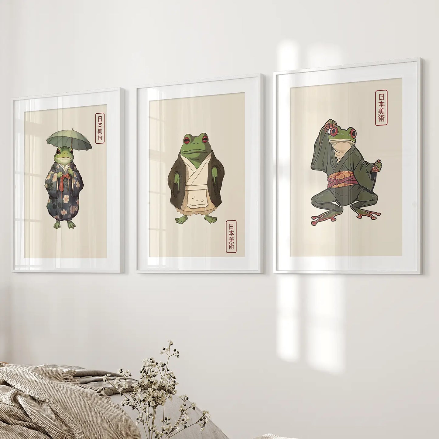 Whimsical Japanese Frog Wall Art Set of 3 Prints