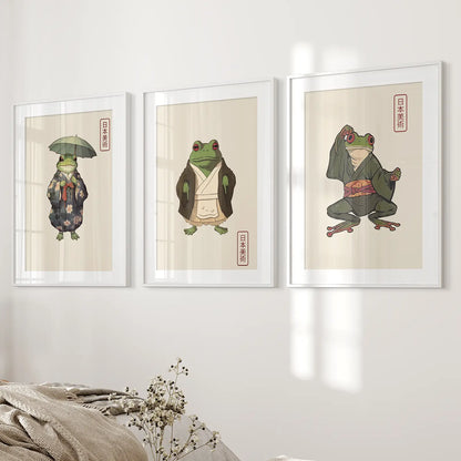 Whimsical Japanese Frog Wall Art Set of 3 Prints