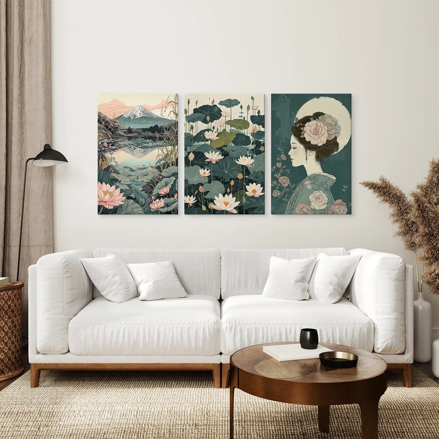 Japanese Nature Wall Art, Geisha and Mount Fuji Set of 3