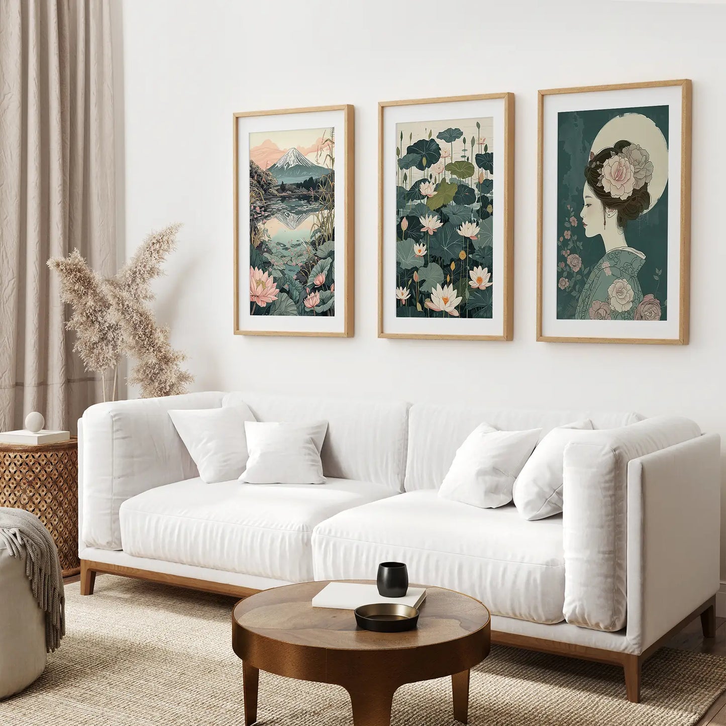 Japanese Nature Wall Art, Geisha and Mount Fuji Set of 3