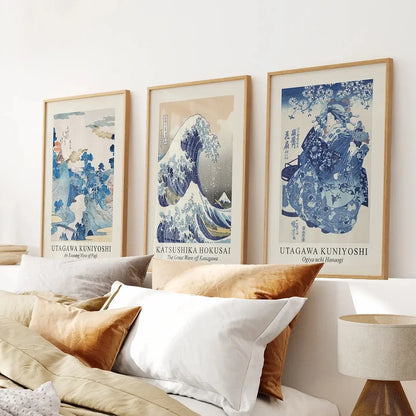 The Great Wave off Kanagawa Japanese woodblock wall art set of 3 in deep blue