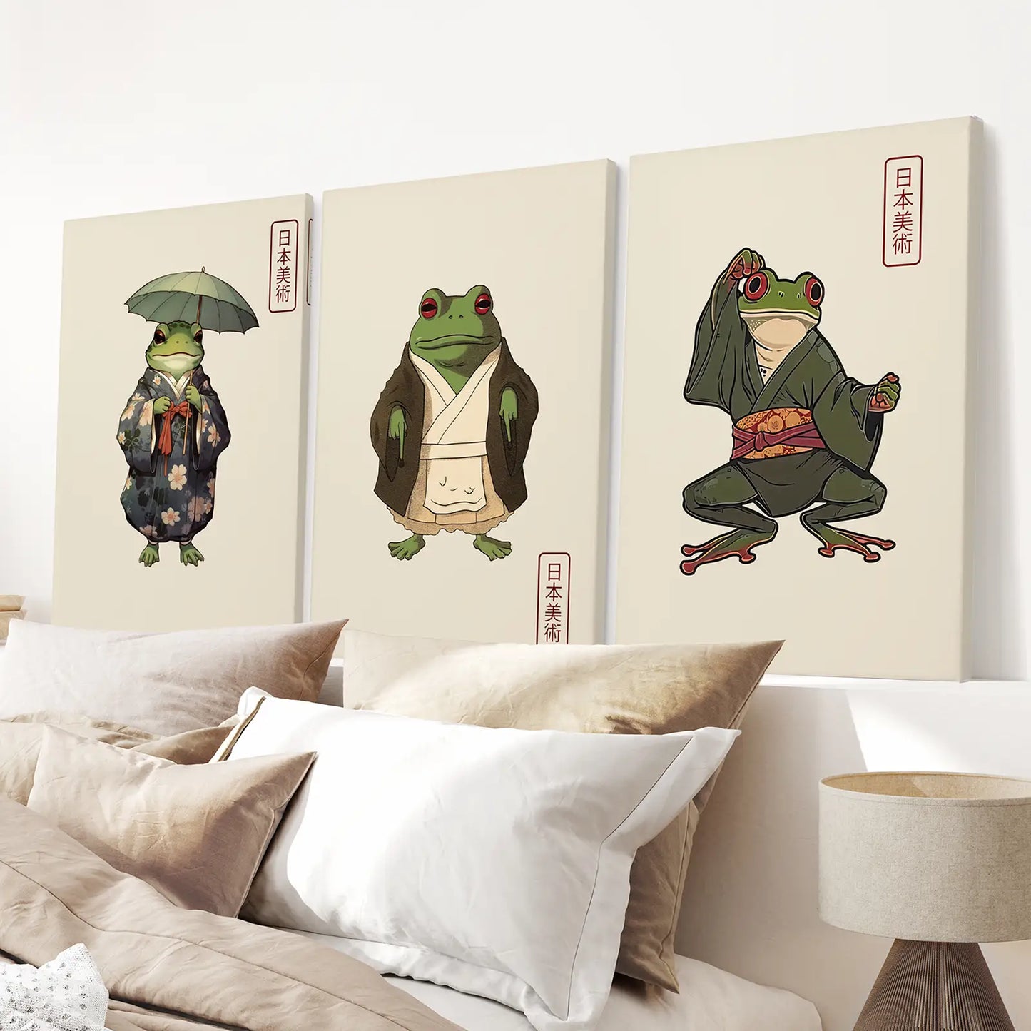 Whimsical Japanese Frog Wall Art Set of 3 Prints
