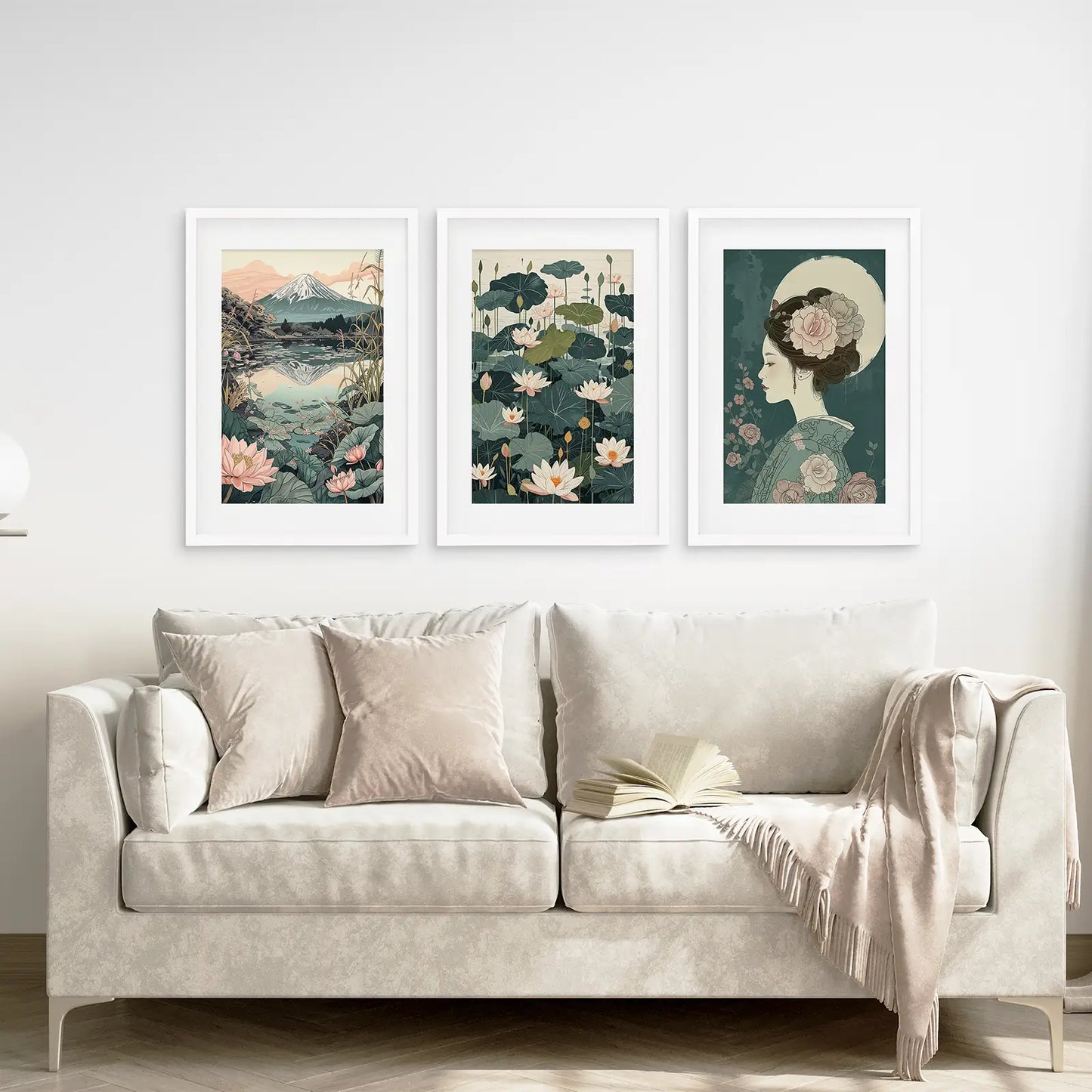 Japanese Nature Wall Art, Geisha and Mount Fuji Set of 3