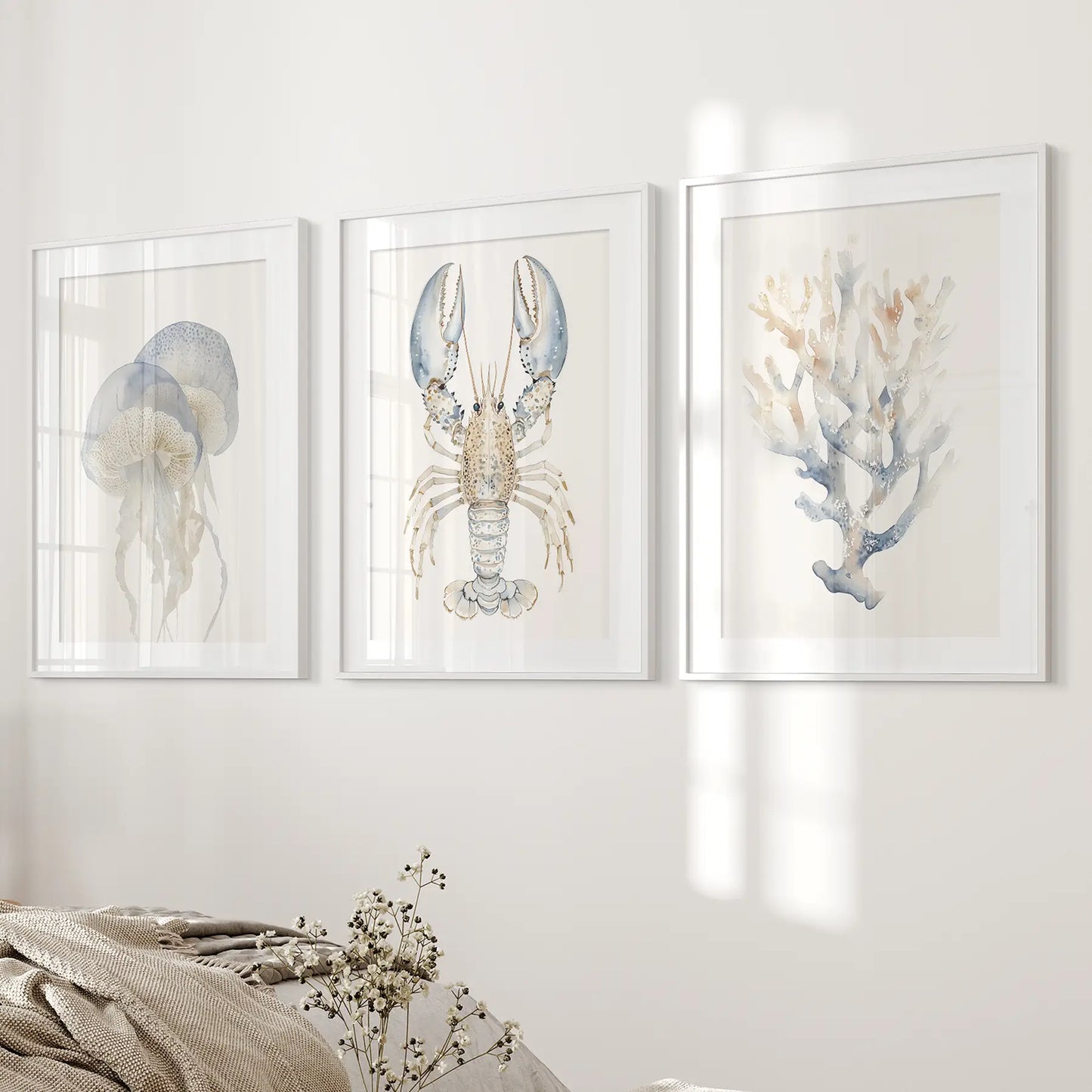Ocean Animal Wall Art Set of 3, Jellyfish Lobster Coral